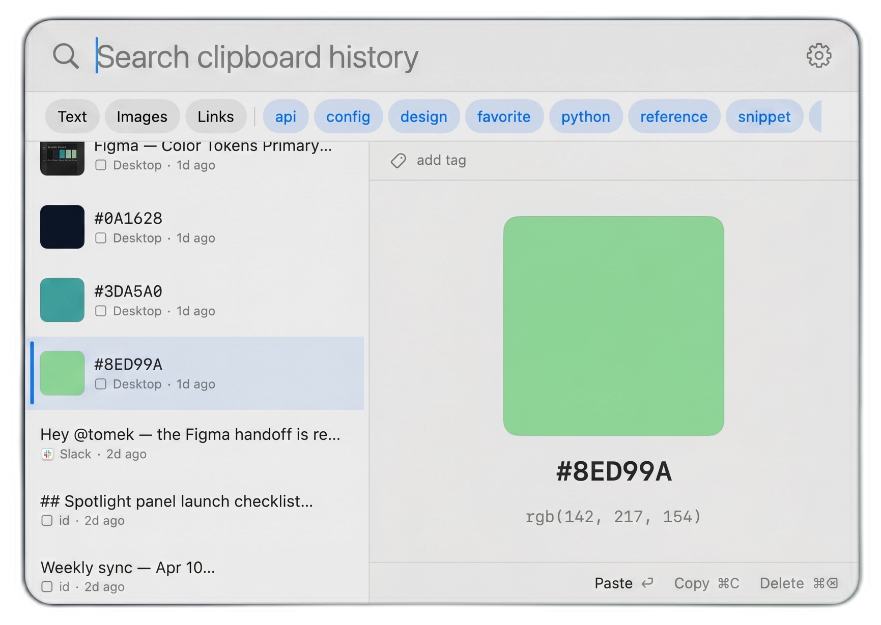 Grabby light-theme clipboard panel with two-pane preview