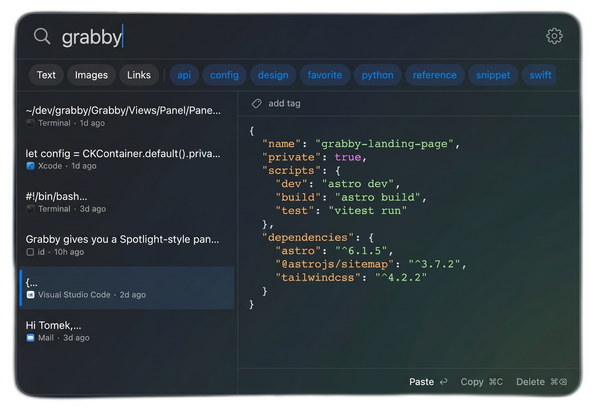 Grabby dark-theme clipboard panel with two-pane preview
